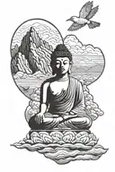 buddha floating over mountains with 3 birds in forground tattoo design idea