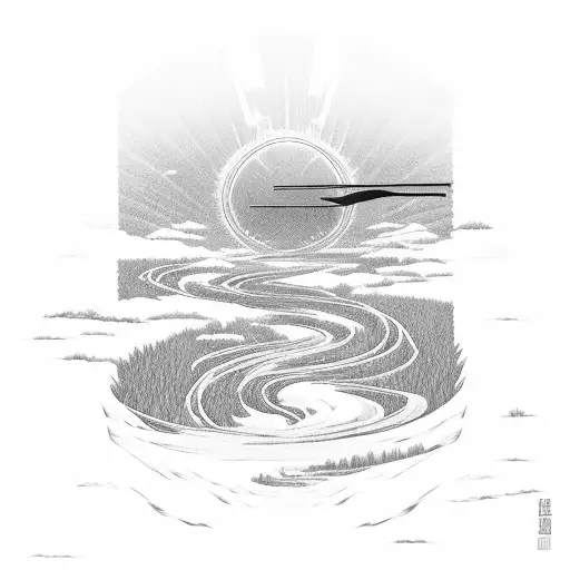 Dawn. Horizon. A field. There is a winding path to the sun. A samurai walks into the distance. Katana in the foreground tattoo design idea