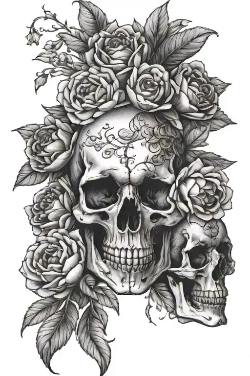 skull with peonies roses and forget me nots tattoo design idea