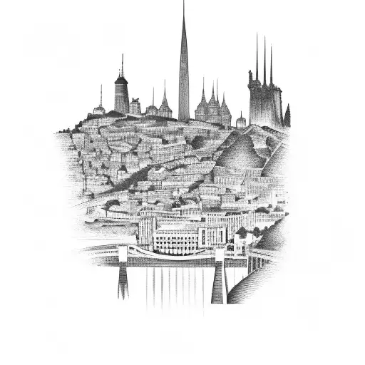 Almada cityscape with a silhouette of the Ponte 25 de abril tattoo design idea