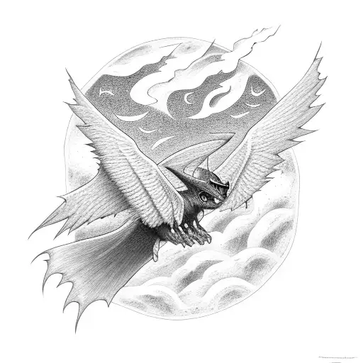 A black-grey Noivern soaring through a starry night sky tattoo design idea