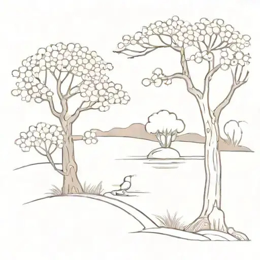 A minimalist tattoo design of a serene Asian garden scene with cherry blossom trees and a hidden apple tree, symbolizing peace and harmony between different cultures tattoo design idea