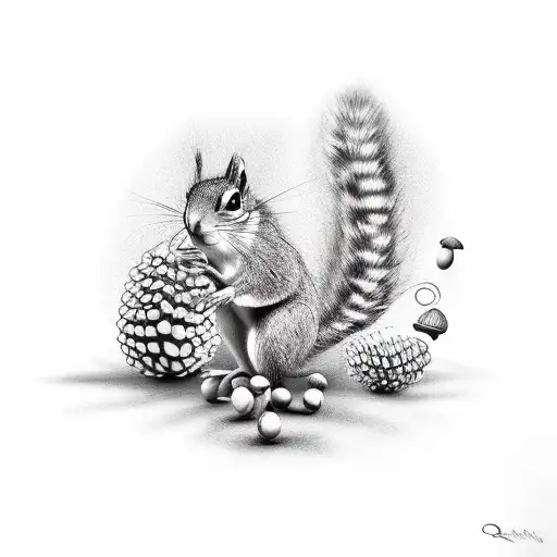 squirell jumping on acorn in bushes tattoo design idea