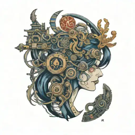 An intricate Virgo zodiac symbol intertwined with elements of gaming controllers and computer circuitry tattoo design idea