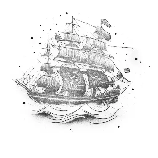 ship on fire with black flags  tattoo design idea