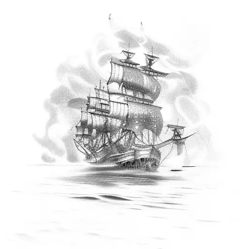 burning 1800s ship with black flags tattoo design idea