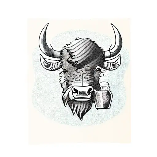 cartoon bison sitting in folding chair backwards, drinking an old fashioned cocktail tattoo design idea