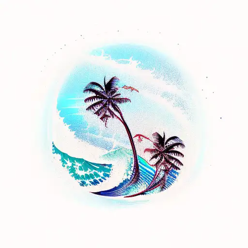ocean wave and palm tree tattoo design idea