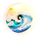 ocean wave and palm tree tattoo design idea