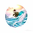 ocean wave and palm tree tattoo design idea