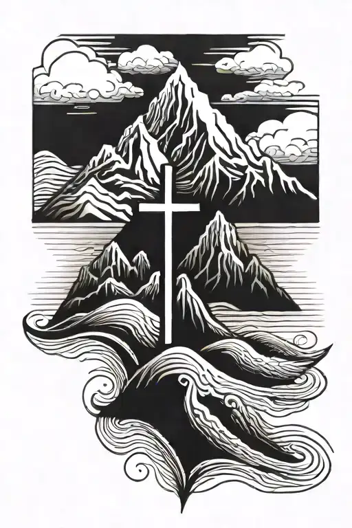 minimalist cross with a mountain peak and waves from the sea symbolizing that God is greater than the high and the lows. tattoo design idea