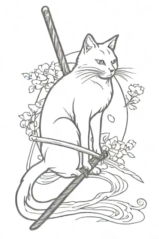 japanese, katana, cat, samurai, minimal, forearm, sakura, sun, water tattoo design idea