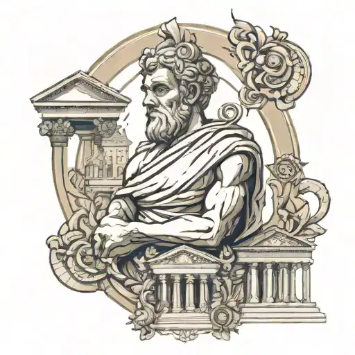 A neotraditional tattoo of an ancient Greek philosopher surrounded by architectural elements, symbolizing the client's love for history, art, and architecture tattoo design idea