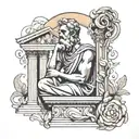A neotraditional tattoo of an ancient Greek philosopher surrounded by architectural elements, symbolizing the client's love for history, art, and architecture tattoo design idea