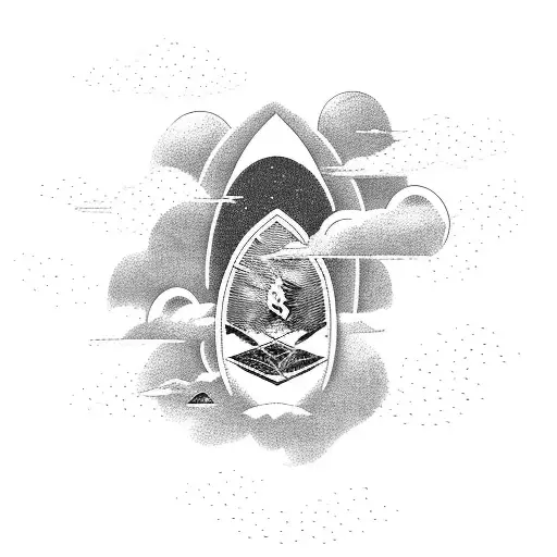 A combination of MMA gloves and a surfboard floating on a bed of clouds tattoo design idea