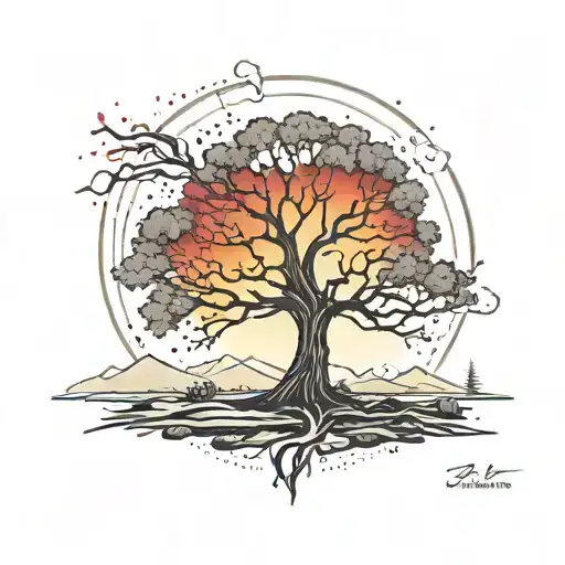 bordo tree in a meadow with sun rays and embers left from earlier fires tattoo design idea