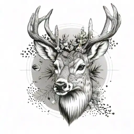 Create a black and white tattoo featuring, in the foreground, a deer head viewed from the front. The head is divided int tattoo design idea