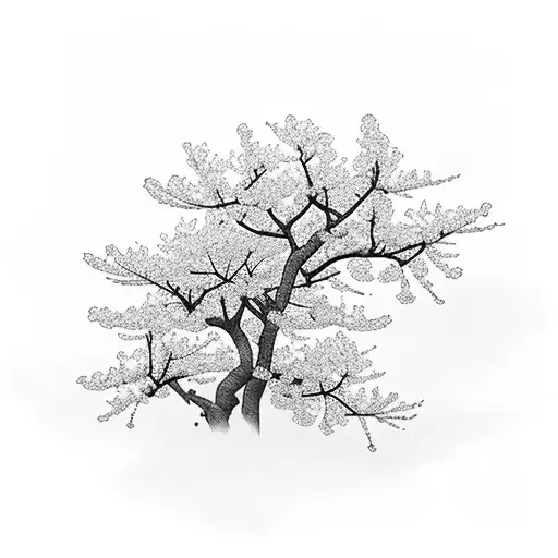 A majestic cherry blossom tree with delicate petals and a serene landscape in the background tattoo design idea