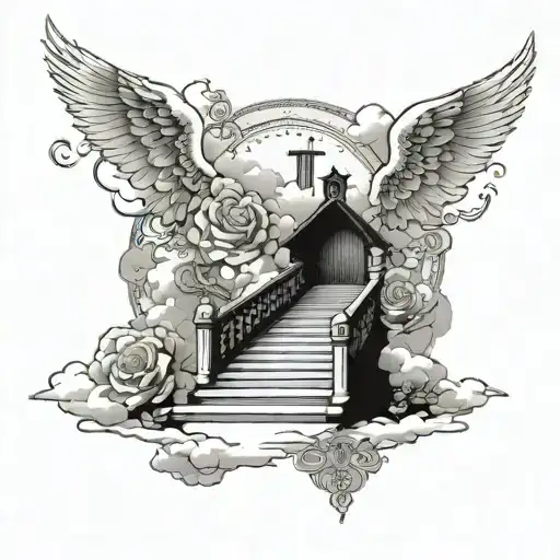 Stair way to heaven with clouds, top of staircase a cross with little shade , a sun, roses, a verse about strength cou tattoo design idea