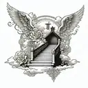 Stair way to heaven with clouds, top of staircase a cross with little shade , a sun, roses, a verse about strength cou tattoo design idea