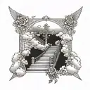 Stair way to heaven with clouds, top of staircase a cross with little shade , a sun, roses, a verse about strength cou tattoo design idea