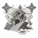 Stair way to heaven with clouds, top of staircase a cross with little shade , a sun, roses, a verse about strength cou tattoo design idea