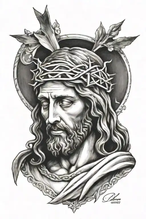 jesus christ tattoo on the shoulder, under it write in a elegance italian font “ e non ci induce in tentazione"  tattoo design idea