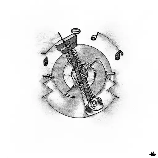 A newspaper press machine surrounded by a smoke cloud with musical notes incorporated tattoo design idea