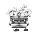 A newspaper press machine surrounded by a smoke cloud with musical notes incorporated tattoo design idea