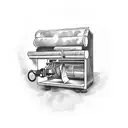 A newspaper press machine surrounded by a smoke cloud with musical notes incorporated tattoo design idea