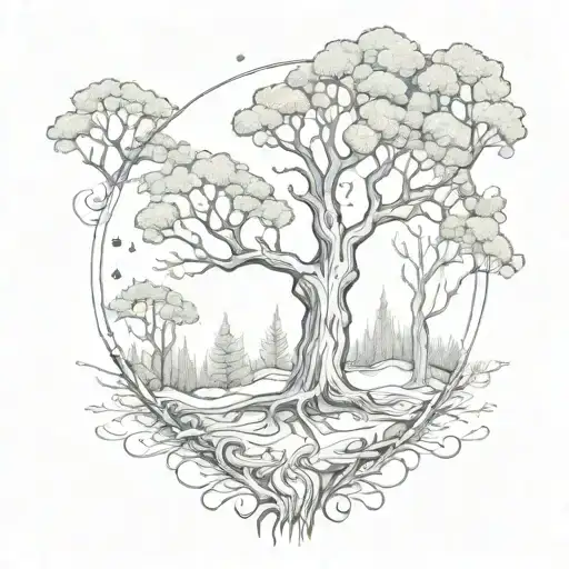forest wrapping around forearm. nordic ash tree yggdrasil in center, hand poke sytle dots tattoo design idea