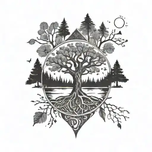 forest wrapping around forearm. nordic ash tree yggdrasil in center, hand poke sytle dots tattoo design idea