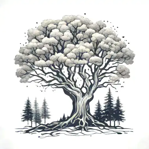 forest wrapping around forearm. nordic ash tree yggdrasil in center, hand poke sytle dots tattoo design idea