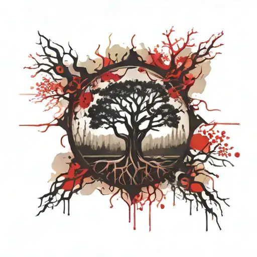 nordic ash tree yggdrasil in center forest in background tattoo design idea