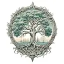 nordic ash tree yggdrasil in center forest in background tattoo design idea