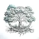 nordic ash tree yggdrasil in center forest in background tattoo design idea