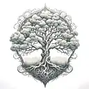 nordic ash tree yggdrasil in center forest in background tattoo design idea