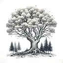 forest wrapping around forearm. nordic ash tree yggdrasil in center, hand poke sytle dots tattoo design idea