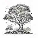 forest wrapping around forearm. nordic ash tree yggdrasil in center, hand poke sytle dots tattoo design idea