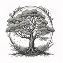 forest wrapping around forearm. nordic ash tree yggdrasil in center, hand poke sytle dots tattoo design idea