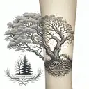 forest wrapping around forearm. nordic ash tree yggdrasil in center, hand poke sytle dots tattoo design idea