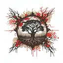 nordic ash tree yggdrasil in center forest in background tattoo design idea