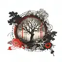 nordic ash tree yggdrasil in center forest in background tattoo design idea