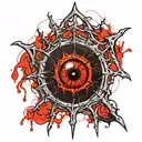 Satanic Realistic Eye, cracked and bleeding. dark black blood red. Bleeding Thorns black spider web and Silver Horns tattoo design idea