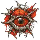 Satanic Realistic Eye, cracked and bleeding. dark black blood red. Bleeding Thorns black spider web and Silver Horns tattoo design idea