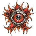 Satanic Realistic Eye, cracked and bleeding. dark black blood red. Bleeding Thorns black spider web and Silver Horns tattoo design idea