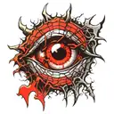 Satanic Realistic Eye, cracked and bleeding. dark black blood red. Bleeding Thorns black spider web and Silver Horns tattoo design idea