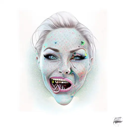 face of a woman bitting her lip tattoo design idea