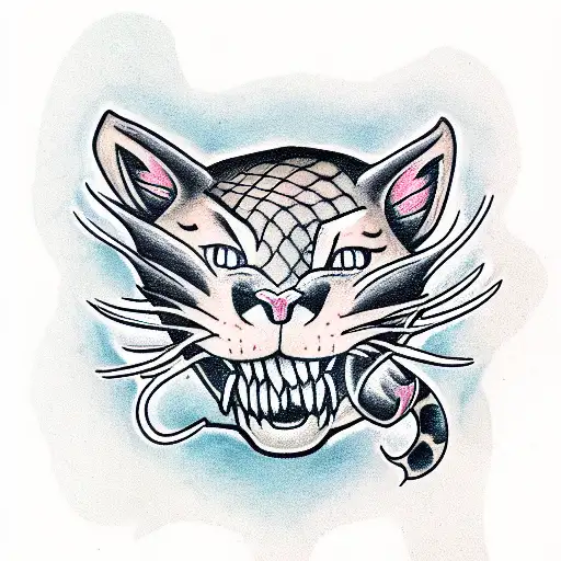 Panther in full face with a snake in its mouth and a dagger behind tattoo design idea