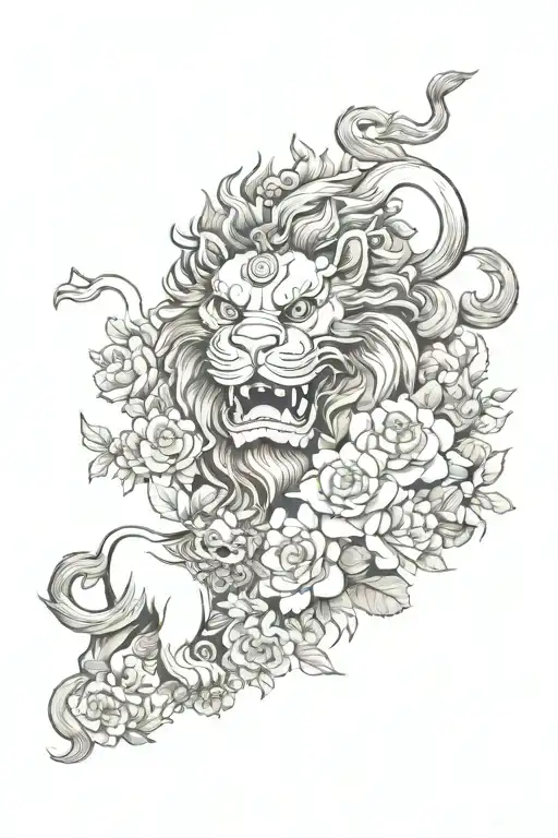 flower and chinese lion tattoo design idea